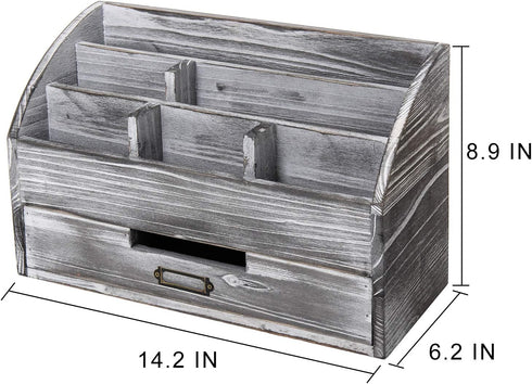 Distressed Rustic Wooden Office Desk Organizer - 5 Compartment with 2 Drawers & Counter Desk Tabletop Mail Rack, Grey