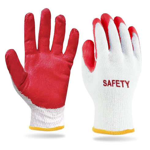 SAFETY Non-Slip 10 Pairs Red Latex Cotton Work Gloves, Nitrile Dipped & Rubber Palm Coated