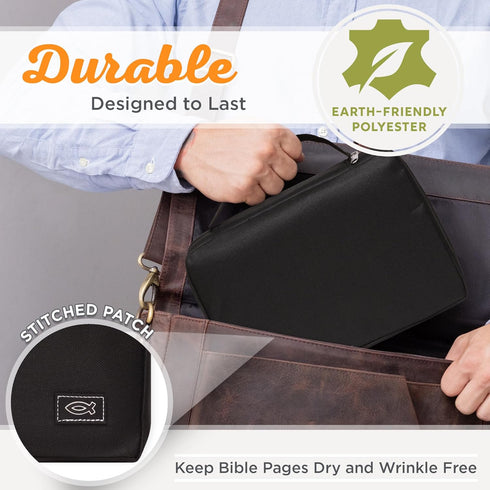 Christian Art Gifts Bible Cover, Medium, Black Canvas with Secure Zipper and Jesus Fish