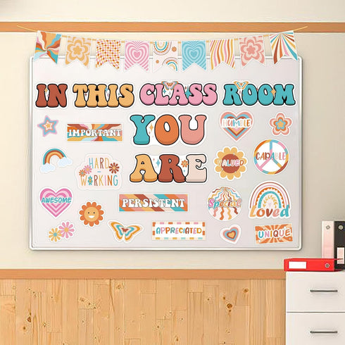 Boho Bulletin Board Decorations, 30Pcs Retro Classroom Decor with Inspirational Affirmation Daisy Floral Signs