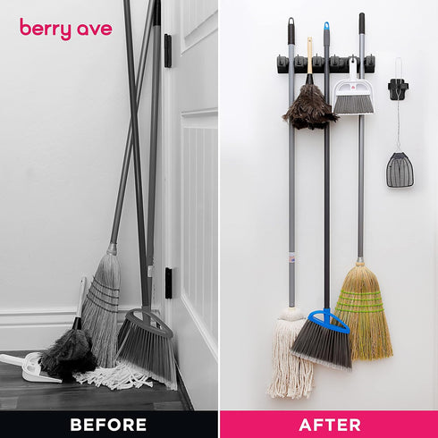 5 1 Combo Slot Broom Holder w/ Self Adhesive Mop Gripper No-Drilling, Wall Mount Tool Organizers For Kitchen, Garage