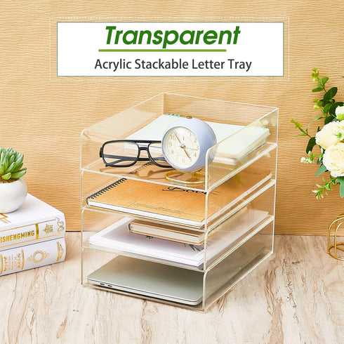 Harloon 4 Tier Acrylic Paper Tray, Stackable Letter Tray for Organizing, Clear Trays for Office Storage
