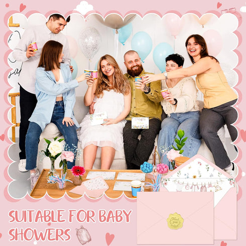 50 Pack Set Thboxes Pink Baby Shower Thank You Cards with Envelopes and Stickers for Girl, Thank You Notes