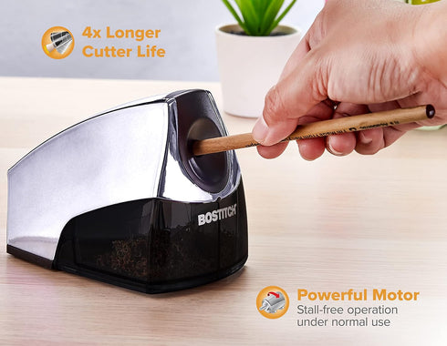 Bostitch Office Electric Pencil Sharpener, Heavy Duty Powerful Stall-Free Motor, High Capacity Shavings Tray, Chrome