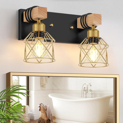 FadimiKoo Rustic Style Wood Bathroom Wall Sconces, 2-Light Black Gold Bathroom Vanity