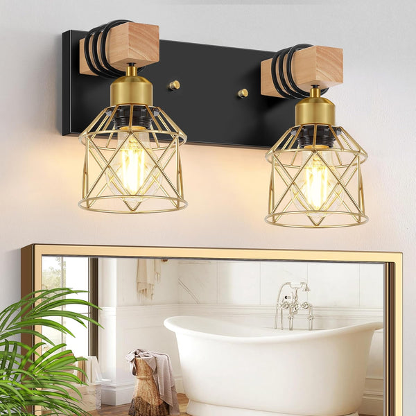 FadimiKoo Rustic Style Wood Bathroom Wall Sconces, 2-Light Black Gold Bathroom Vanity