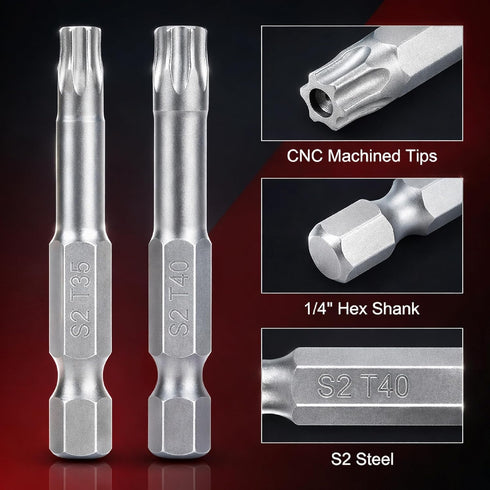 Set, 11 2 Inch 1/4" T7-T40, S2 Set, Bates- Security Torx Bit pcs, Long, Drive Hex Shank, Steel, Tamperproof Magnetic