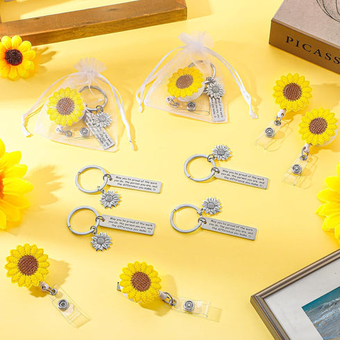 Zhanmai 12 Sets Sunflower Appreciation Gifts Sunflower Retractable Badge Holder Inspiration Keychains Thank You Gifts