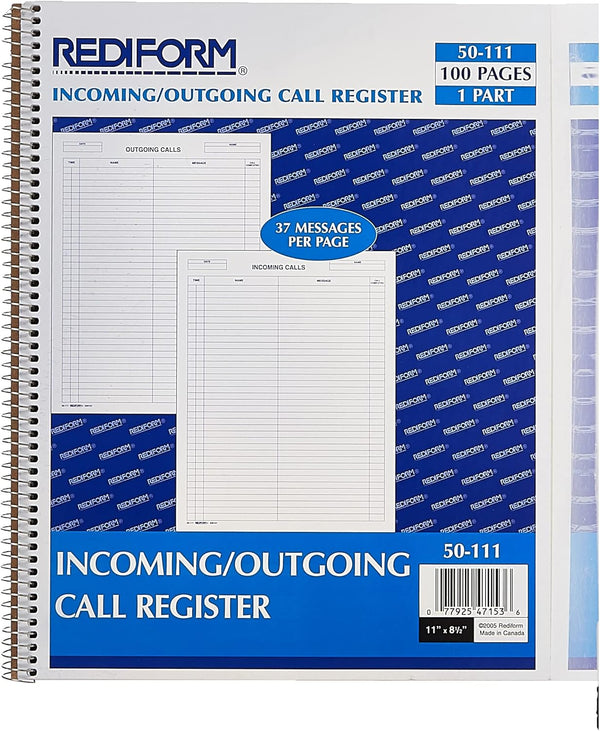 Rediform Call Register Book, Spiral Binding, 11" x 8.5", 100 Pages, 37 Messages Per Page