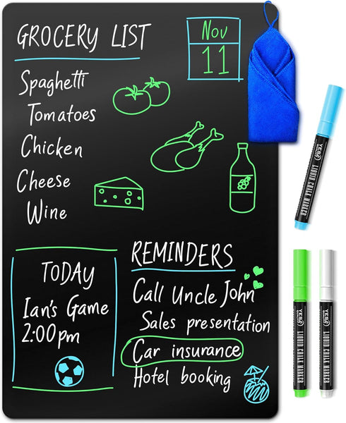 Magnetic Black Dry Erase Board for Fridge, 17 x 11 inch, Stain-Resistant with Neon Chalk Markers & Eraser