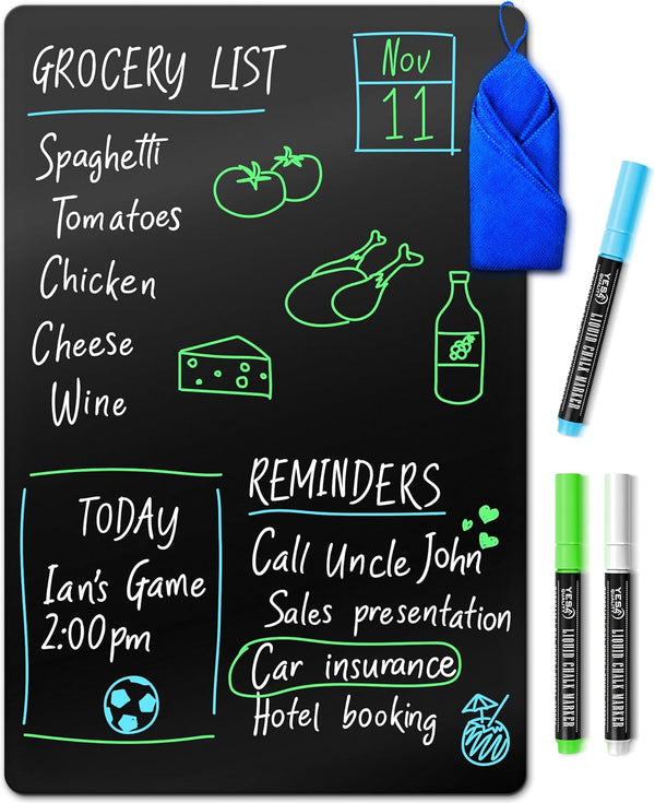 Magnetic Black Dry Erase Board for Fridge, 17 x 11 inch, Stain-Resistant with Neon Chalk Markers & Eraser