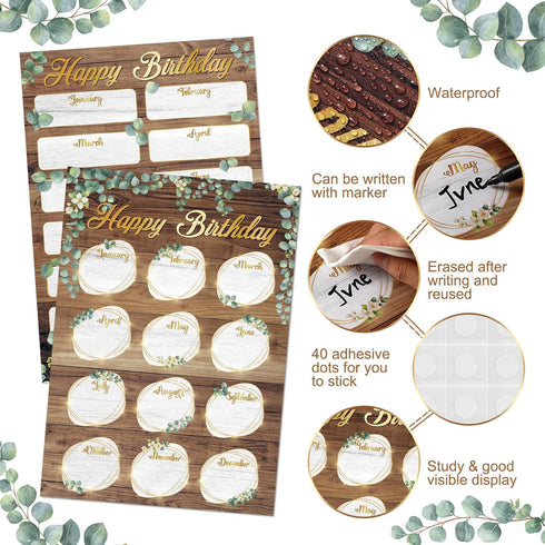 Spakon 2 Pcs Eucalyptus Happy Birthday Chart Poster for Classroom 17.5''x12.4'' Calendar Bulletin Board Decorations