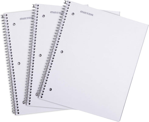 Mintra Office Durable Spiral Notebooks, 1 Subject, White, Wide Ruled, 3 Pack, 100 Sheets, Poly Pocket, Moisture