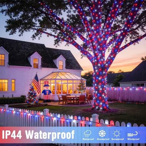 250 4th 91.5ft 8 JMEXSUSS LED Red White and Blue Lights for of July Decorations - Connectable Patriotic Lights Outdoor