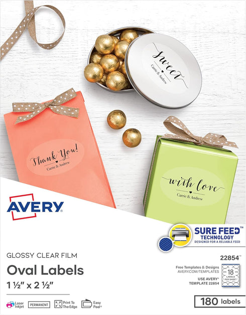 Avery Printable Blank Oval Labels, 1.5" x 2.5", Glossy Crystal Clear, 180 Customizable Labels