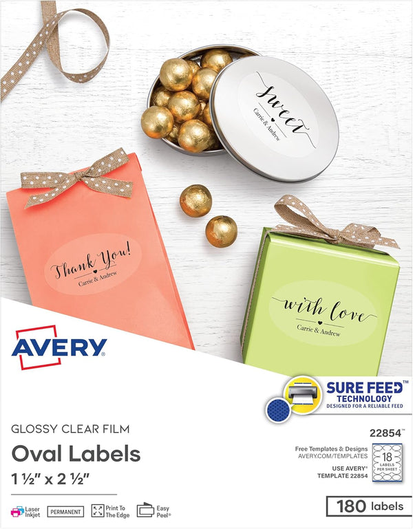 Avery Printable Blank Oval Labels, 1.5" x 2.5", Glossy Crystal Clear, 180 Customizable Labels