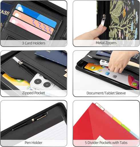 Ospelelf Leather Portfolio Folder with Zipper - 3 Ring Binder with Clipbard, 12.1” Tablet Sleeve, 5 Dividers, 10 Pockets