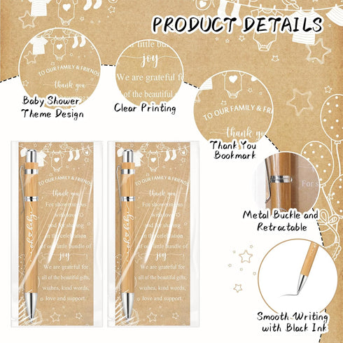 Rustic 50 Set Baby Shower Pens Favors, Include 50 Bamboo Ballpoint Pens and 50 Thank You Cards for Guests