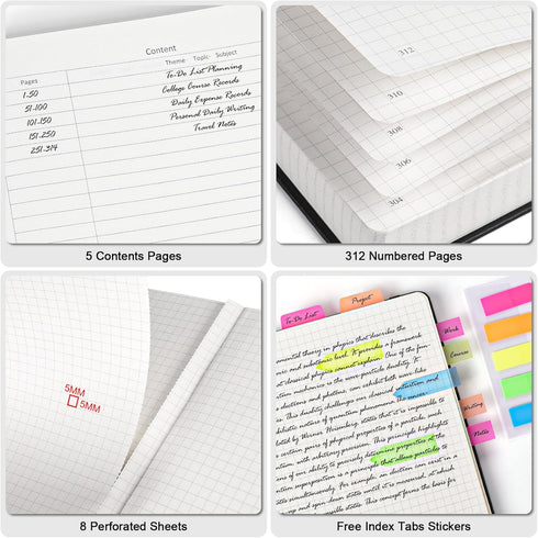 Graph Paper Notebook, Large A5 Hardcover Journal, 312 Numbered Pages, 100gsm No Bleed Grid, 5.75" x 8.38", Black