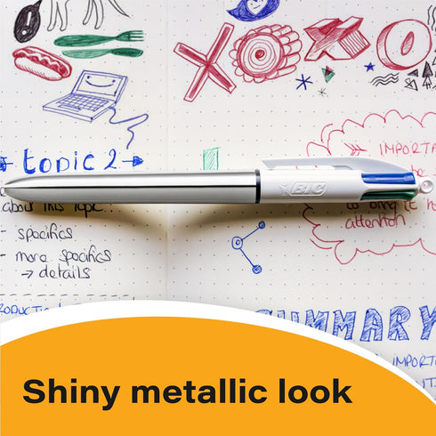 BIC 4 Color Shine Ball Pens Medium Points (1.0 mm) with Metallic Rose Gold, Silver, Gold Barrels - Pack of 3