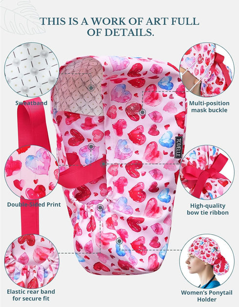 Scrub Caps Women Ponytail Pink Heart Double-Sided Printed Surgical Hat with Buttons and Sweatband, Soft Nurse Cap