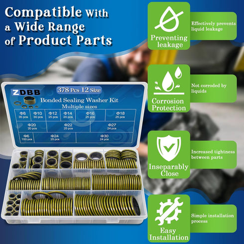 12 Sizes 378 Pcs Bonded Sealing Washer Kit, Automotive Self-Centered AC Seal Metal Rubber Gasket Assortment