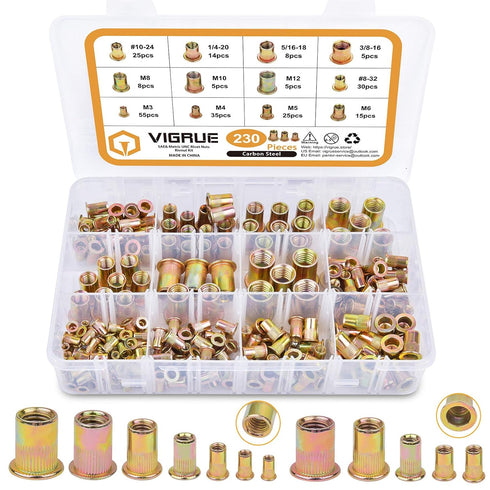 VIGRUE Rivet Nuts Assortment Kit, 230PCS SAE and Metric Carbon Steel UNC Nutserts, Zinc Plated, Flat Head Insert Nut