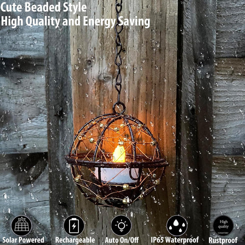TWINKVILLA Decoration-4Pack Outdoor Solar Hanging Lanterns Waterproof, Globe Hanging Candle Holder with Flickering