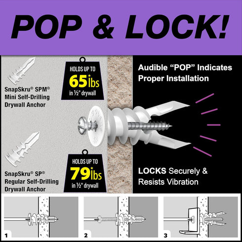 TOGGLER SnapSkru SPM Mini Self-Drilling Drywall Anchor, Pack of 100, Made in US, for #6 to #8 Fastener Sizes