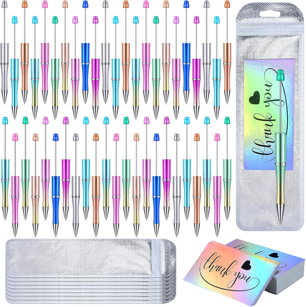 Yeaqee 150 Pieces Beadable Pens Kit, 50 Pieces Colors Plastic Beaded Ballpoint Pens, 50 Pieces Foil Thank You Cards