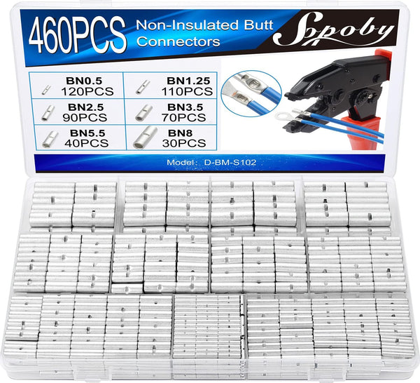 460PCS Non Insulated Butt Connectors Kit, Sopoby Butt Splice Connectors, 24-8 Gauge Uninsulated Wire Connectors