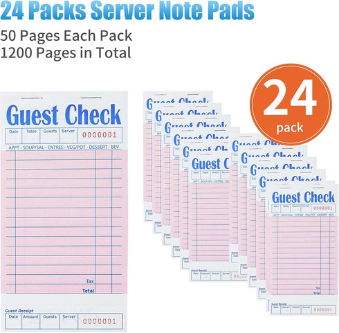 24 Pack 50 Sheets/Pack, 1200 ZPARIK Pink Guest Checks Books for Servers Server Note Pads, Waiter Checkbook, Waitress