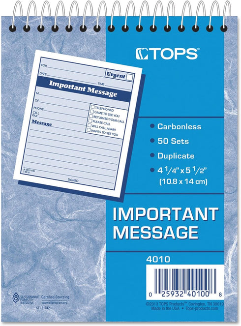 TOPS 2-Part Carbonless Phone Message Book, Pink and Canary, 50 Sheets, 4.25 x 6 Inches, Top Spiral Binding, 1 per Page