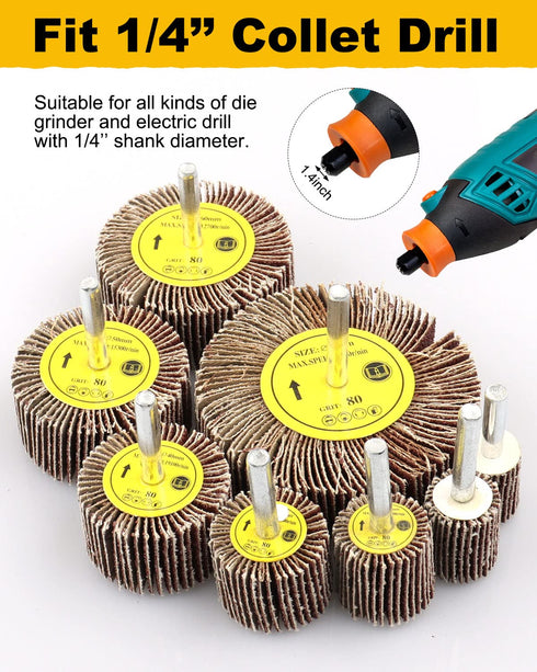 8 Pcs Flap Wheel Sander Set, 1/4" Shank 8Size Flapper Wheel for Removing and Polishing Rust Paint (80 Grit)