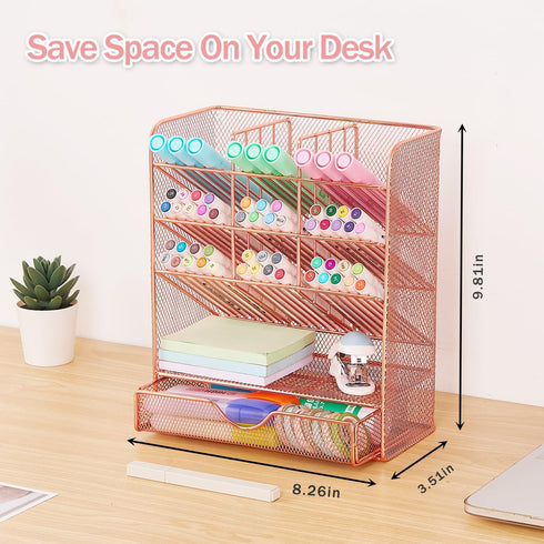 Spacrea Pen Holder Desk Organizer - Pencil Holder with 10 Compartments and 1 Drawer, Rose Gold
