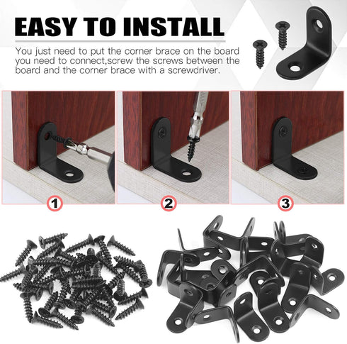 Hilitchi 90 Sets (25mm, 20 Pack) Stainless Steel Black L Bracket Corner Brace Degree Right Angle Brackets with Screws