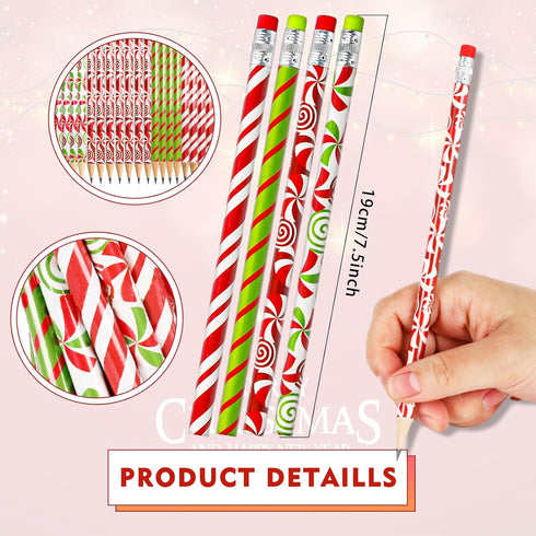 Whaline 100Pcs Christmas Candy Pencils with Erasers Red Green Candy Cane Writing Pencil Wood Xmas Winter Pencils for School Company Office Stationery Gift, 4 Styles by Whaline