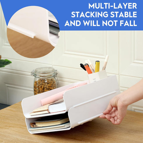 Desk Letter Tray - Set of 2 Stackable PET Document Organizer for Notes, Pens, File Paper, White