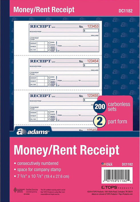 Adams 2-Part, 7-5/8" 10-7/8", 200 Sets 4 (DC1182) Money and Rent Receipt Book, Carbonless, White/Canary, x Bound
