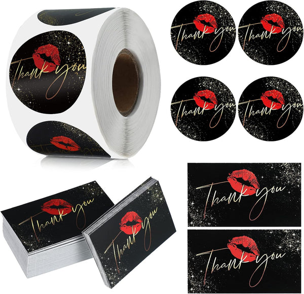 Zonon 600 Pcs Red Lip Thank You Cards and Stickers Set, 500 Pcs Round Sticker Kiss Envelope Seal, 100 Pcs Appreciation