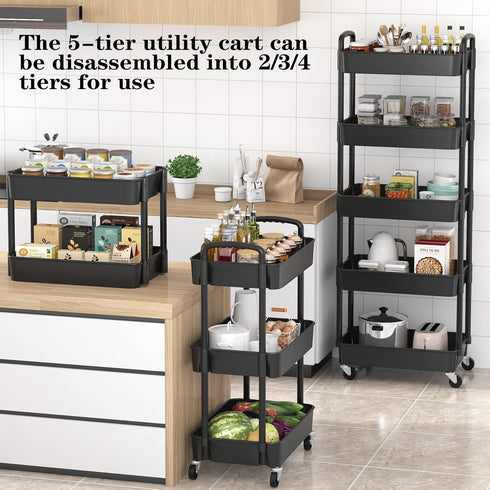Sywhitta 5-Tier Plastic Rolling Utility Cart with Handle, Multi-Functional Storage Trolley for Office, Living Room,