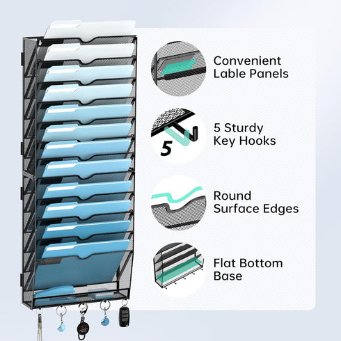 SUPEASY 13-Tier Wall File Organizer, Mesh Hanging File Holder, Wall Mounted for Papers, Folders, Black