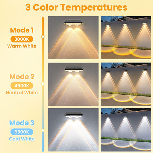 8 Pack 3 IP65 Solar Fence Lights Outdoor - Modes (Warm/Neutral/Cool White), Fence Lights Solar Powered for Outside
