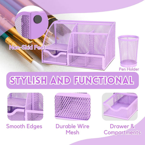 Flexzion Desk Top Caddy Organizer, Purple Office Desk Accessories with 6 Compartments, Drawer