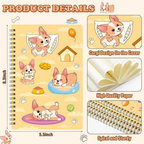 L1rabe Corgi Spiral Notebooks Gifts - 4 A5 Back to Shcool Cute Dog Pattern Travel Journal for Kids Teens Hardbound College Ruled Notebooks for Teens Notepad Diary School Office Supplies Birthday Gifts