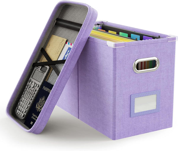 Oterri File Organizer Box with Lid, Hanging Filing Box with Mesh Pocket, Document Organizer for Letter Files, Lavender