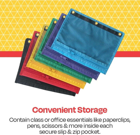 School Smart Mesh Zippered Binder Pockets, 10 x 7-1/2 Inches, Assorted Colors, 12 Pack