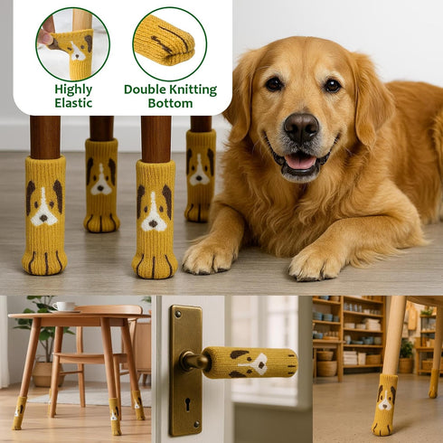 16PCS Cute Dog Chair Leg Socks - Double Layer Knitted Furniture Booties - Non-Slip High Elastic Floor Protectors