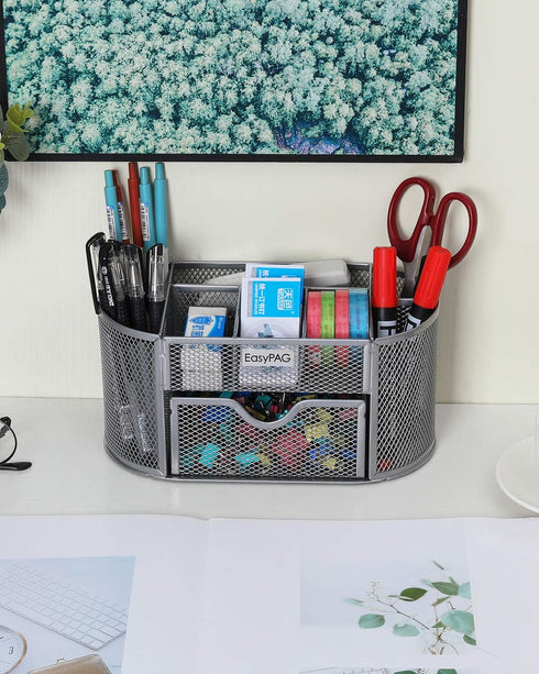 EasyPAG Mesh Desktop Organizer, Multi-functional Caddy with Drawer, Silver