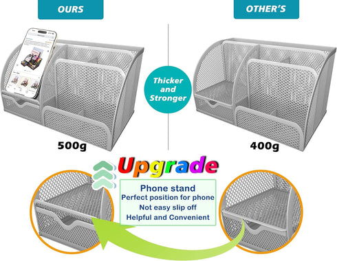 Boutilon Mesh Desk Organizer with 6 Compartments and 1 Drawer - Multi-Functional Caddy Pen Holder for Home Office